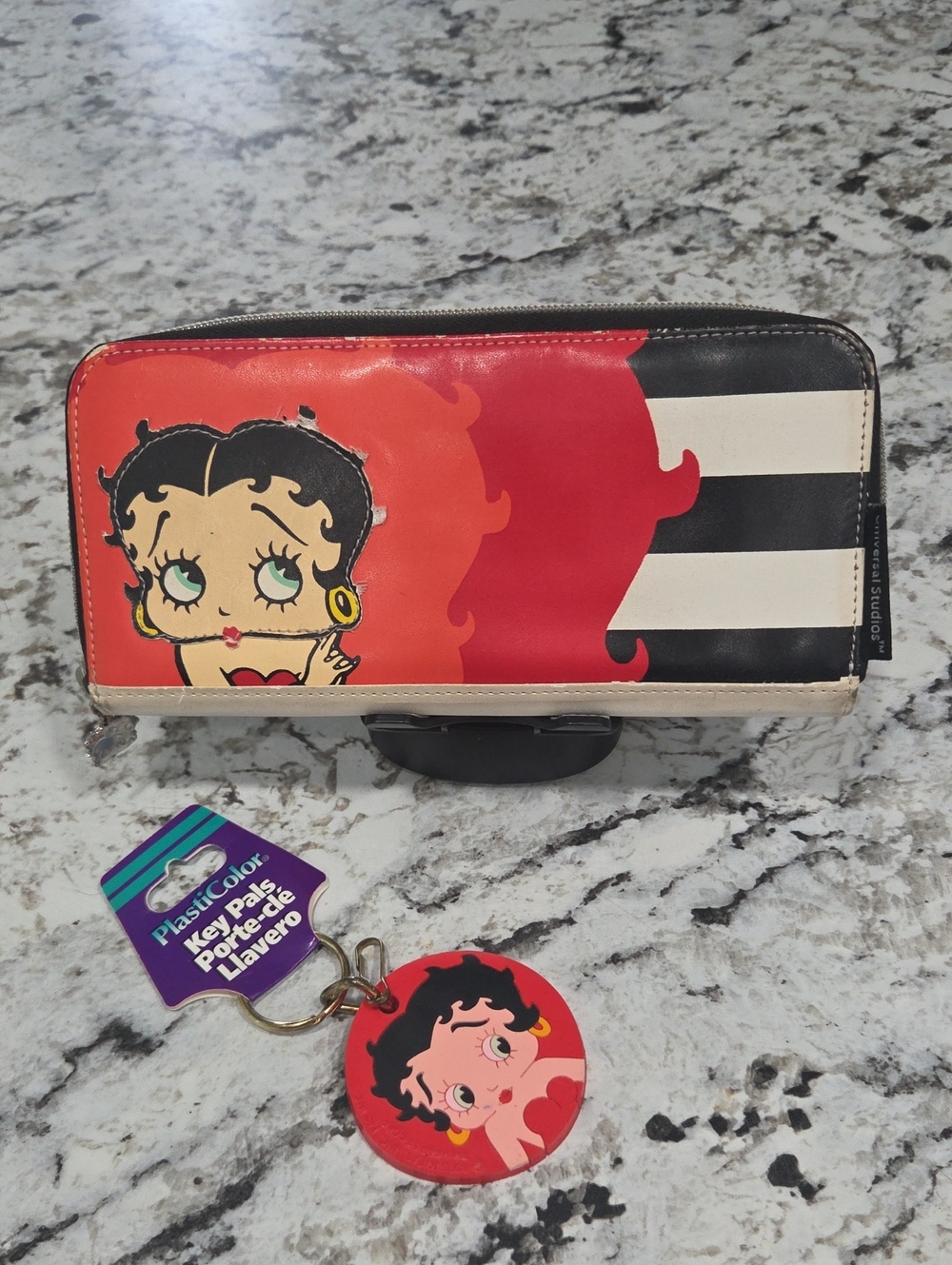 Betty Boop Red Wallet with Black & White Stripe Accents and Matching Keychain